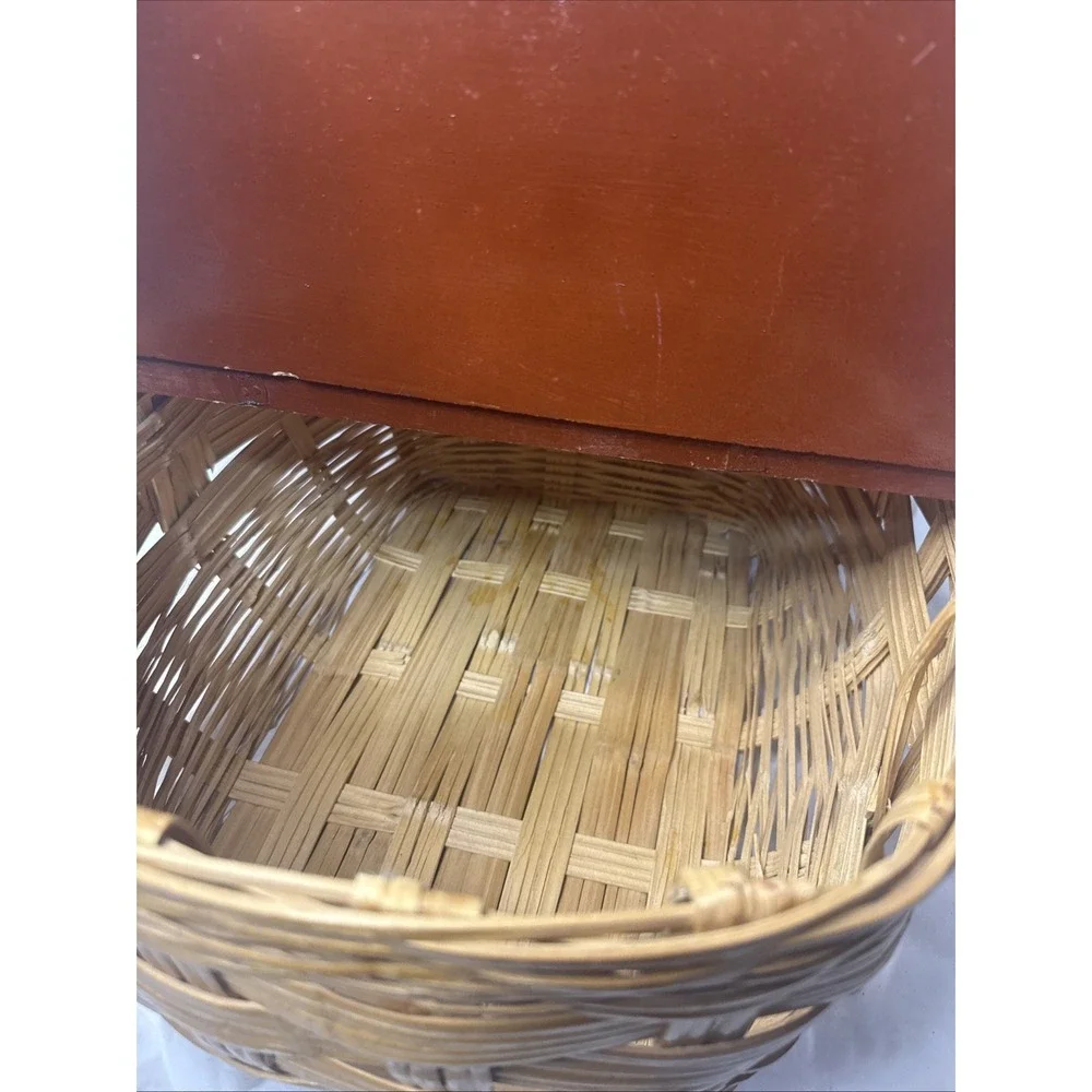 Vintage MCM Woven Split Wicker Rattan Wooden Flip Top Picnic Basket Travel Food